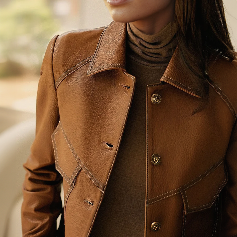 Eleanora Women's Leather Jacket – Classic Button Front Smart Casual Coat