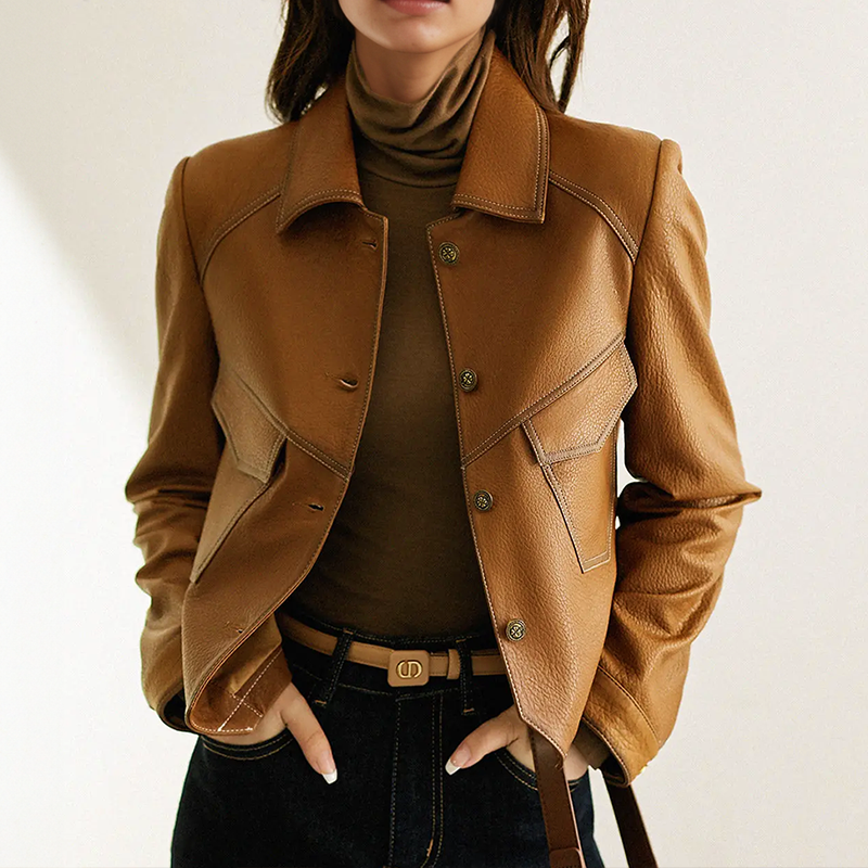 Eleanora Women's Leather Jacket – Classic Button Front Smart Casual Coat