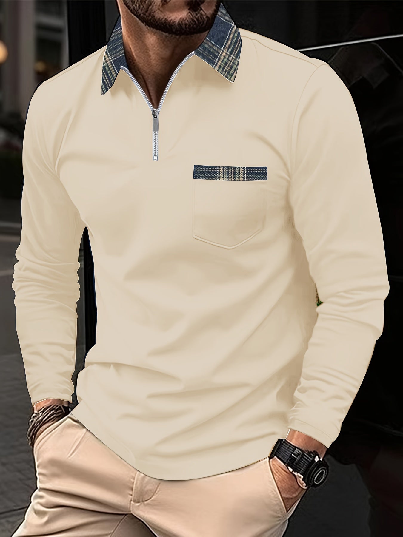 Simon Men's Long Sleeve Polo Shirt – Quarter Zip Checked Smart Casual Top
