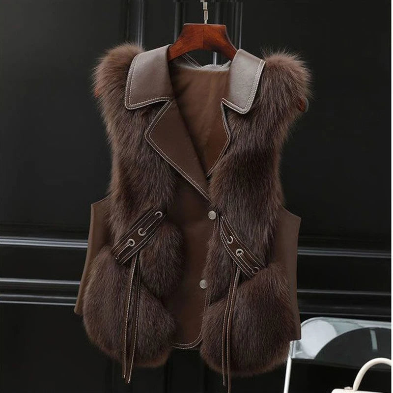 Hazel Women's Faux Fur Gilet – Oversized Lapel Tie Waist Smart Casual Vest