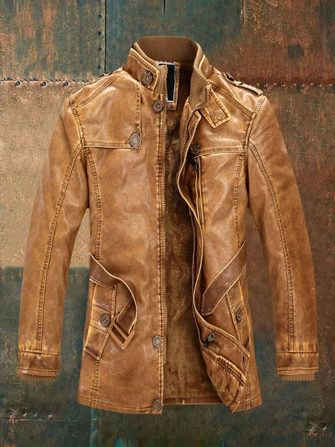 Marlowe Men's Vintage Leather Jacket – Button Detail, Zip Front & Warm Lining