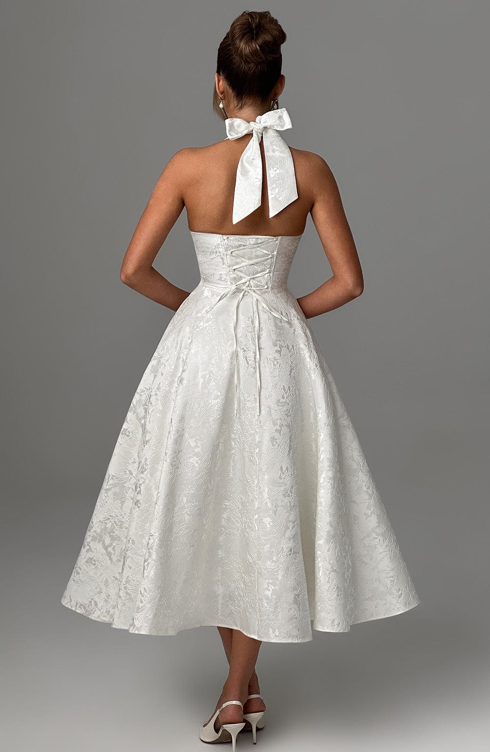 Beatrice Women's Jacquard Midi Dress – Corset Bodice & Backless Halterneck