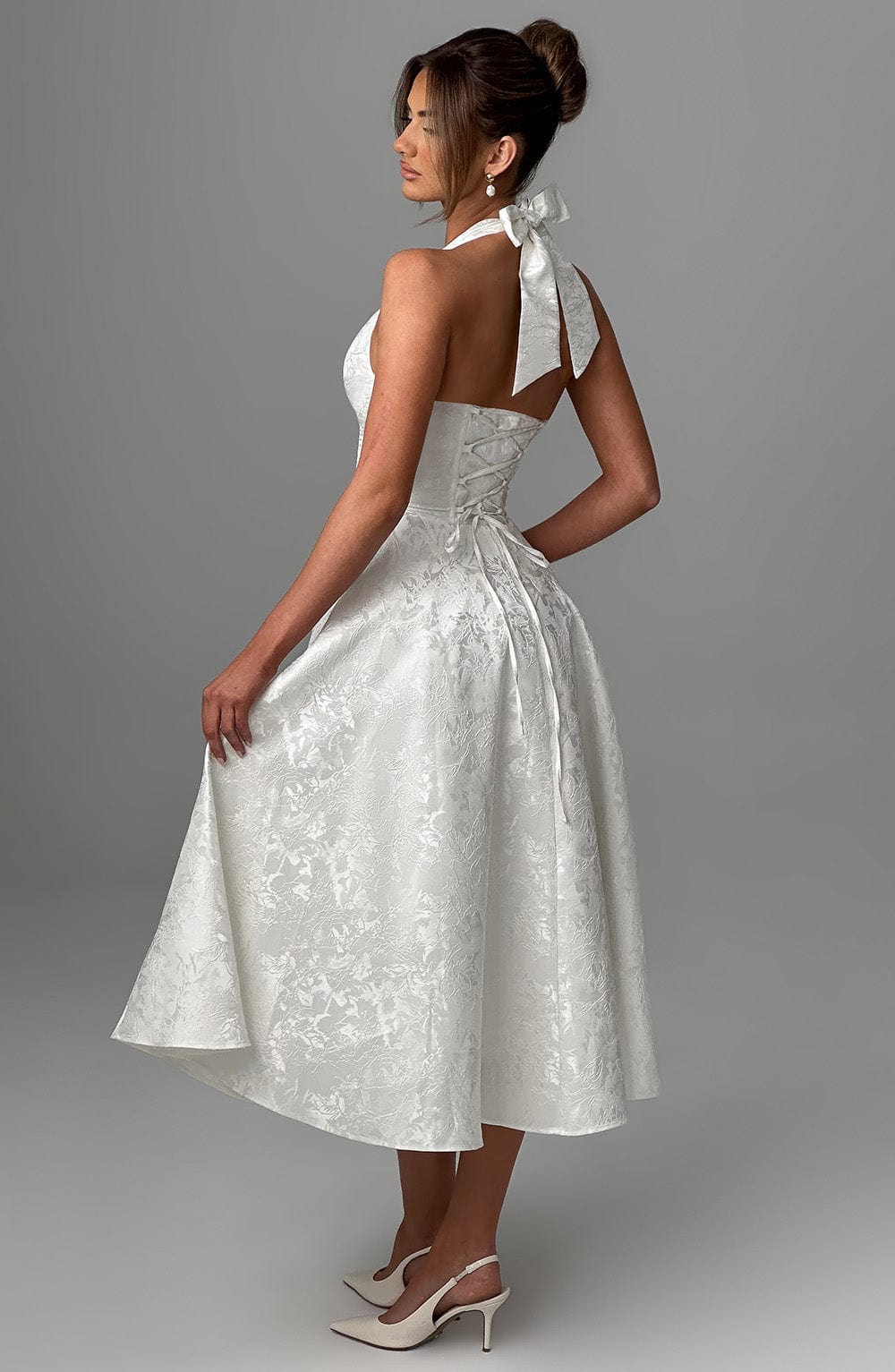 Beatrice Women's Jacquard Midi Dress – Corset Bodice & Backless Halterneck