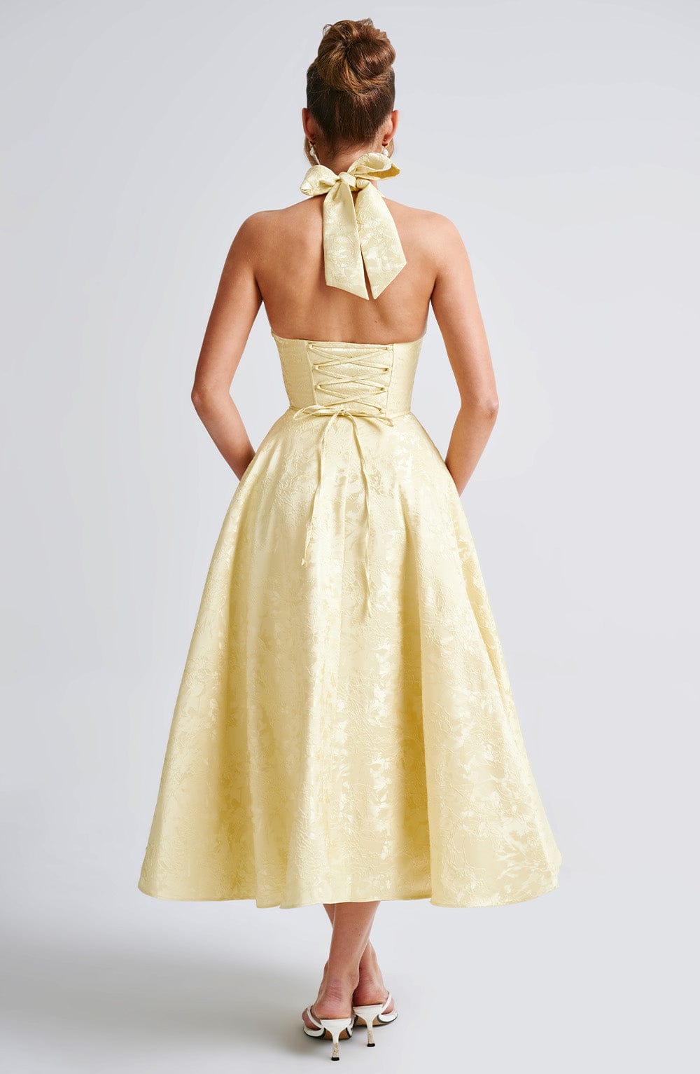 Beatrice Women's Jacquard Midi Dress – Corset Bodice & Backless Halterneck