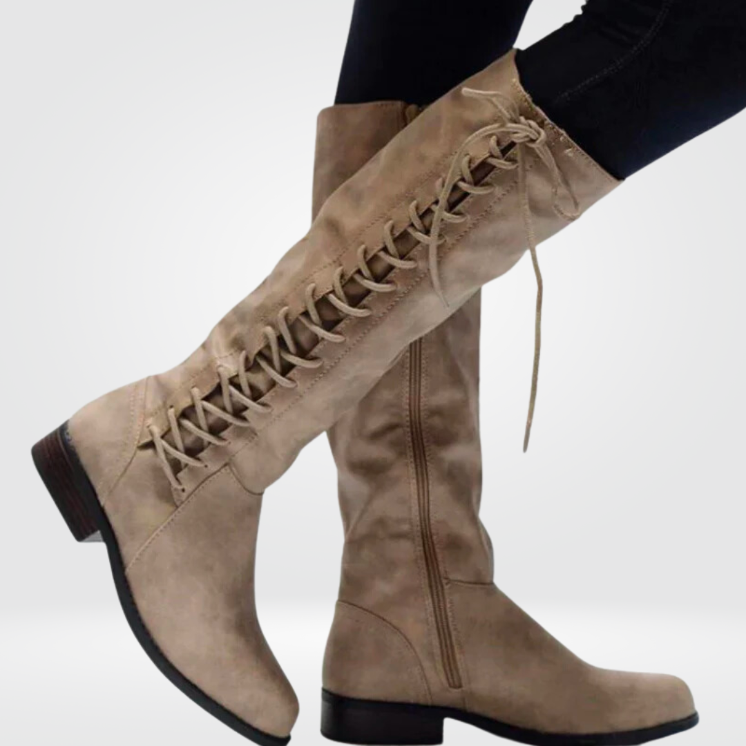 Daphne Women's Leather Knee High Boots – Lace Up Low Block Heel Winter Boots