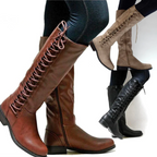 Daphne Women's Leather Knee High Boots – Lace Up Low Block Heel Winter Boots