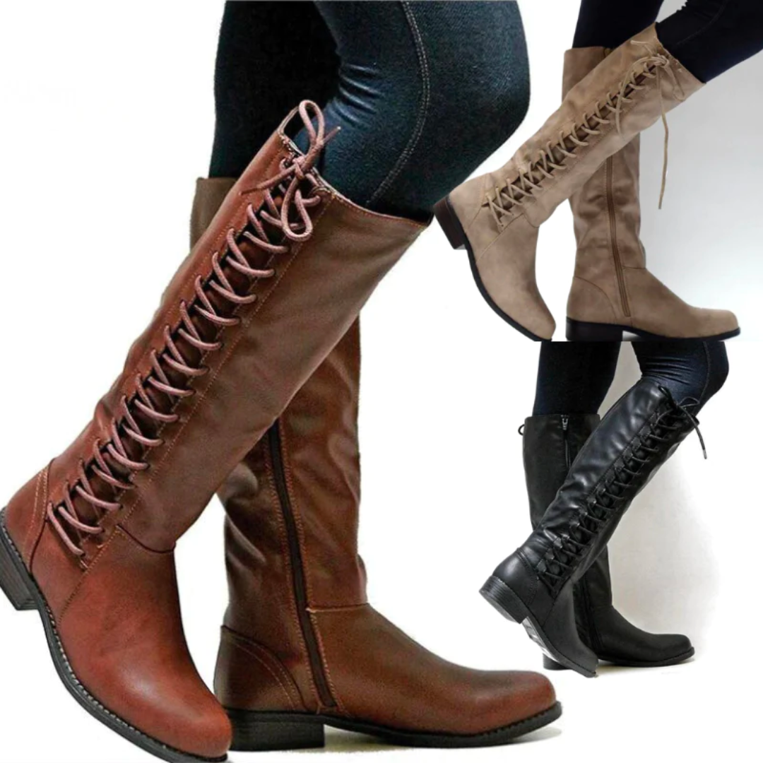 Daphne Women's Leather Knee High Boots – Lace Up Low Block Heel Winter Boots