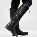 Daphne Women's Leather Knee High Boots – Lace Up Low Block Heel Winter Boots
