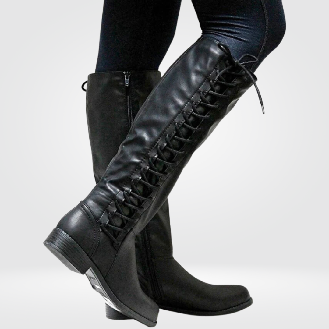 Daphne Women's Leather Knee High Boots – Lace Up Low Block Heel Winter Boots