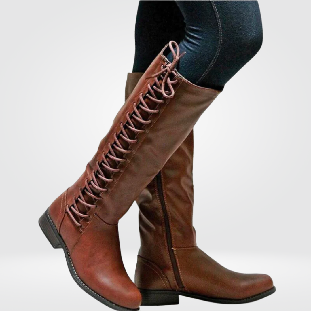 Daphne Women's Leather Knee High Boots – Lace Up Low Block Heel Winter Boots