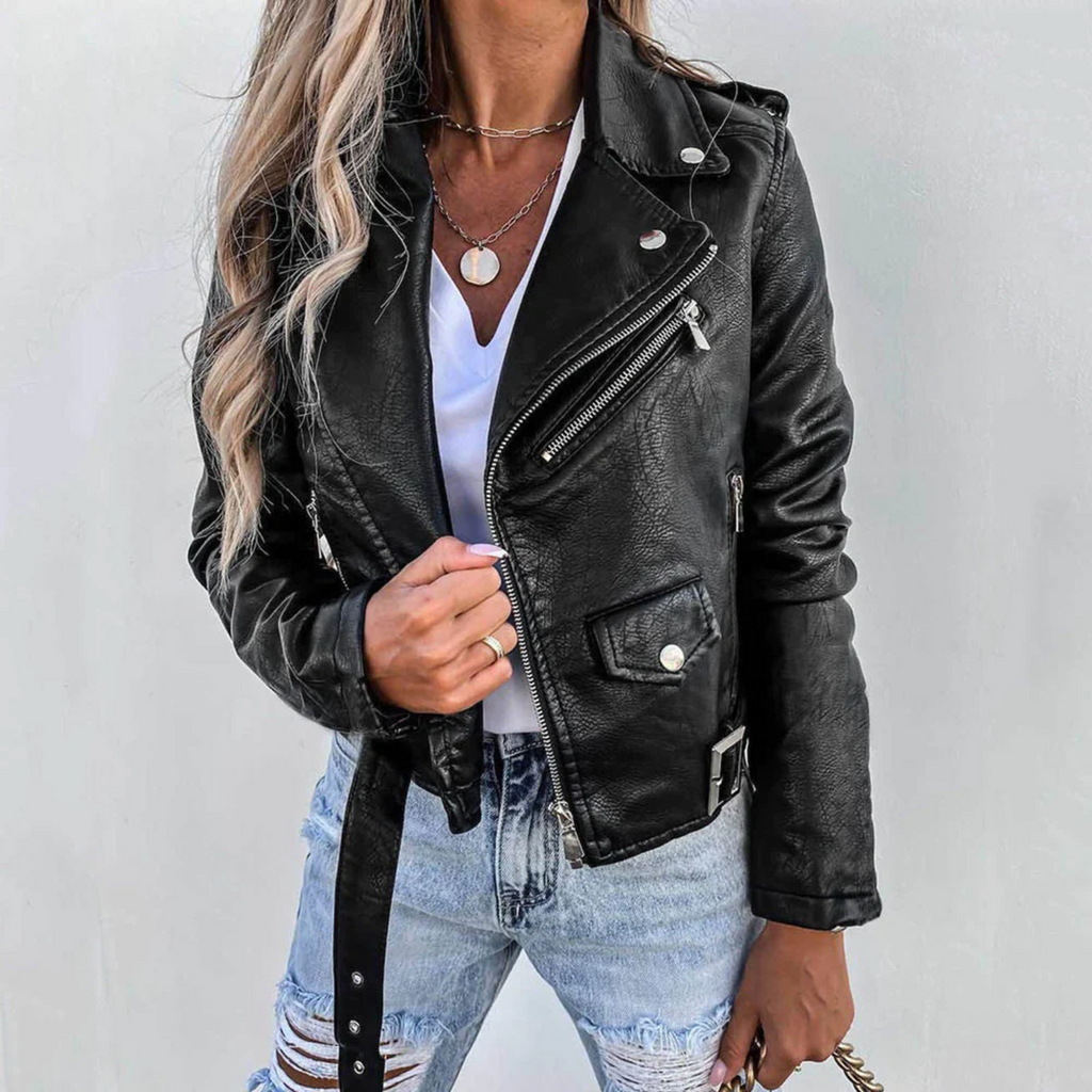 Vivienne Women's Leather Jacket – Genuine Leather Belted High Collar Biker Jacket