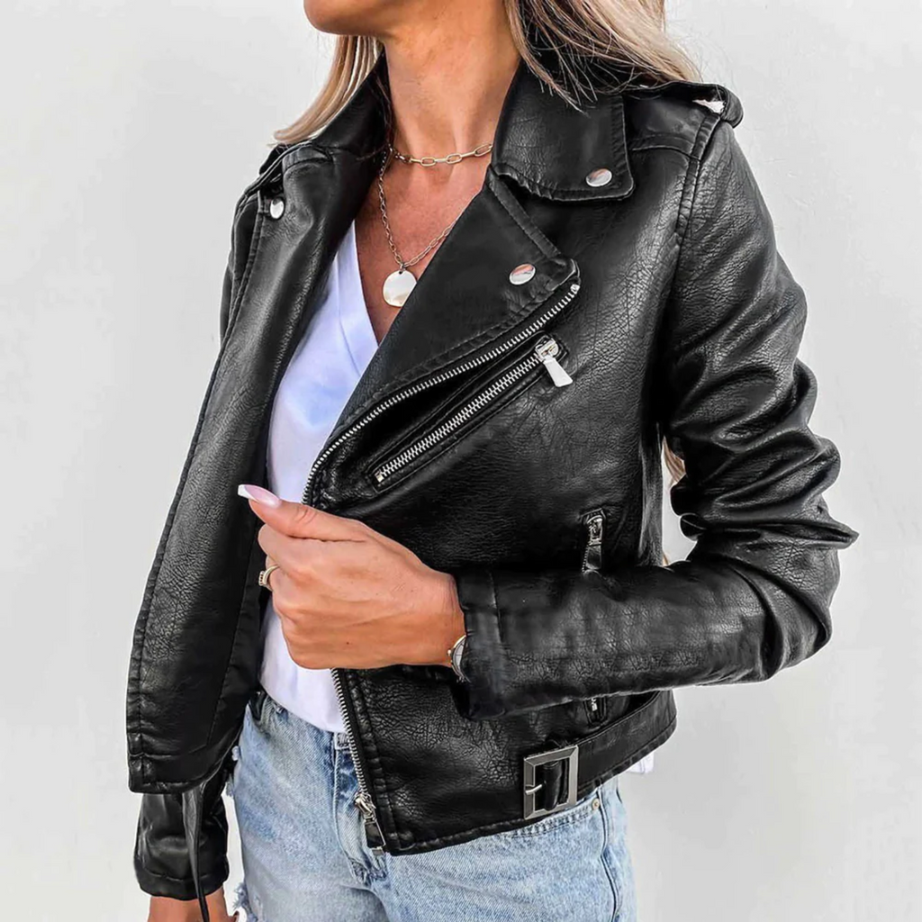 Vivienne Women's Leather Jacket – Genuine Leather Belted High Collar Biker Jacket