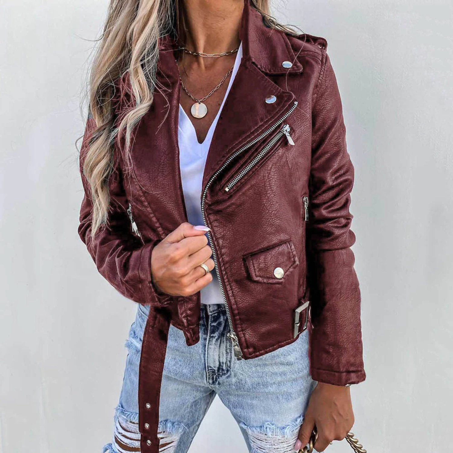 Vivienne Women's Leather Jacket – Genuine Leather Belted High Collar Biker Jacket