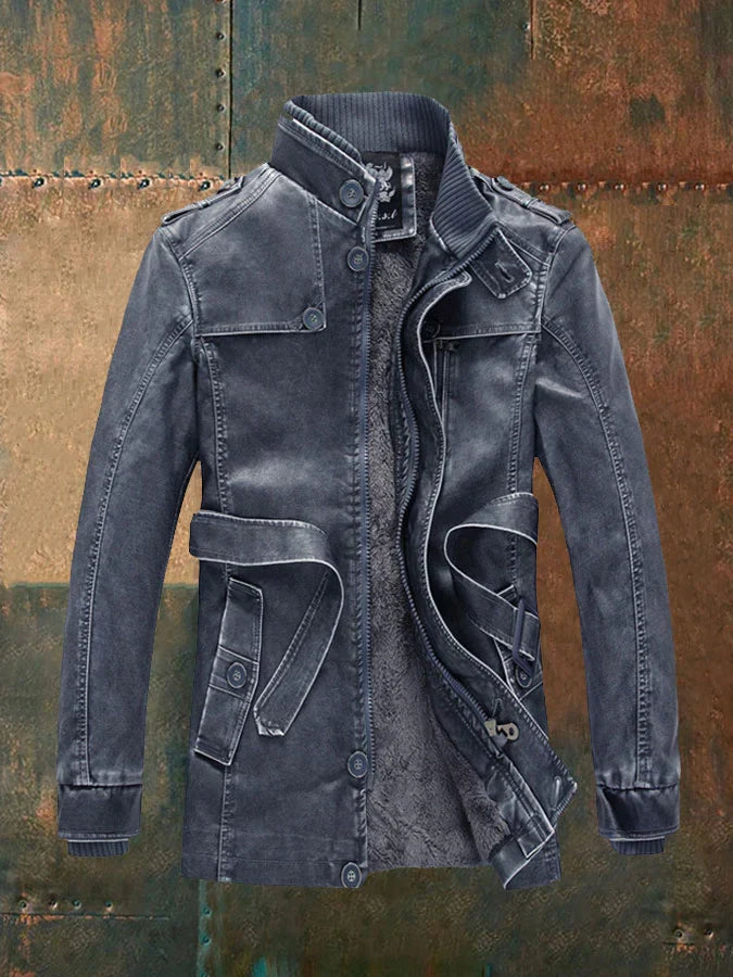 Marlowe Men's Vintage Leather Jacket – Button Detail, Zip Front & Warm Lining