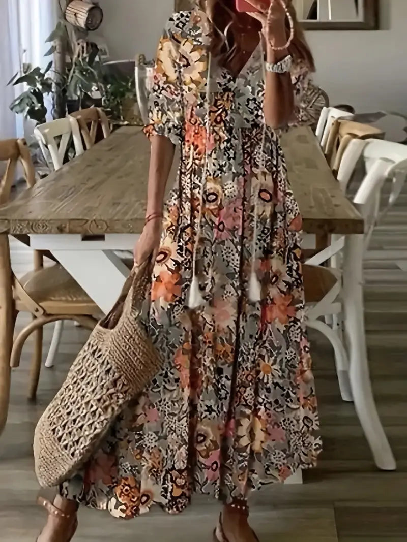 Primrose Women's Boho Maxi Dress – Ikat Print V-Neck Frill Summer Dress