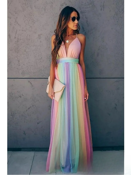 Georgia Women's Rainbow Maxi Dress – Sleeveless Gradient Summer Occasion Dress