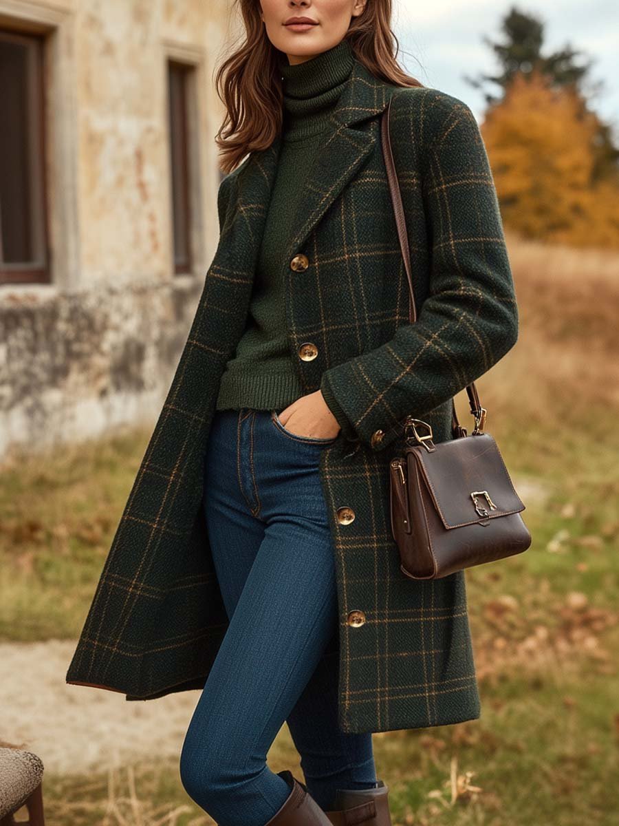 Vivienne Women's Checked Wool Coat – Long Tailored Winter Overcoat