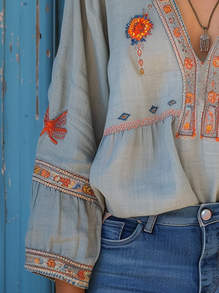 Elodie Women's Boho Blouse – Embroidered V Neck Cotton Blend Tunic Top