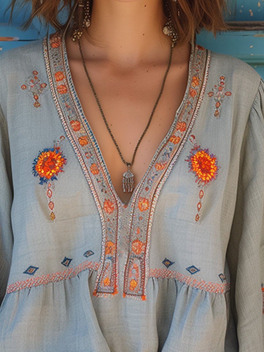 Elodie Women's Boho Blouse – Embroidered V Neck Cotton Blend Tunic Top