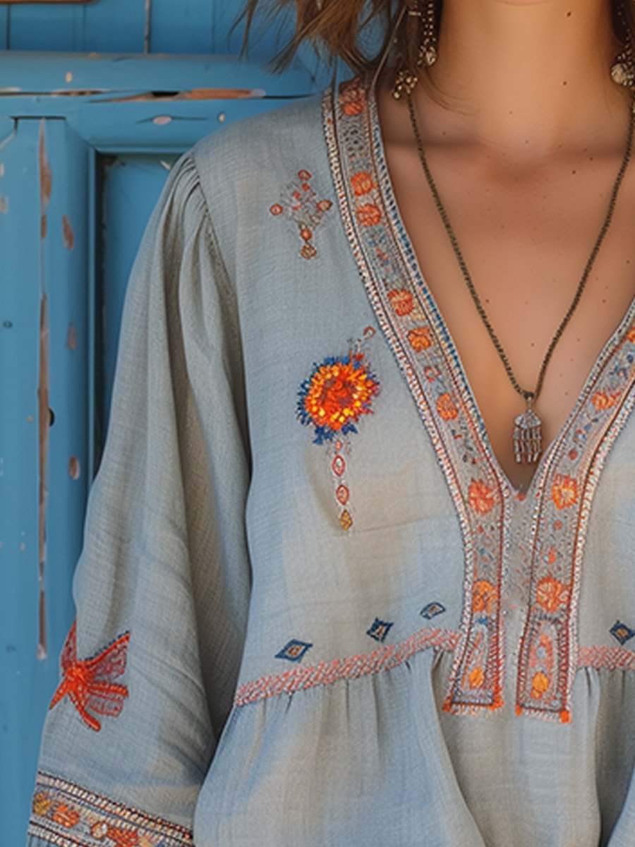 Elodie Women's Boho Blouse – Embroidered V Neck Cotton Blend Tunic Top