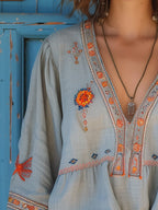 Elodie Women's Boho Blouse – Embroidered V Neck Cotton Blend Tunic Top