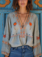 Elodie Women's Boho Blouse – Embroidered V Neck Cotton Blend Tunic Top