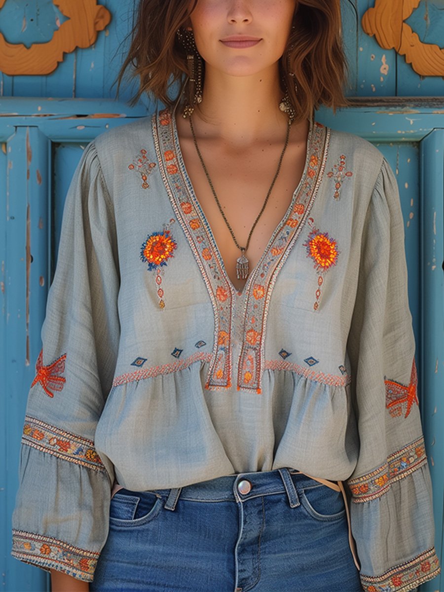 Elodie Women's Boho Blouse – Embroidered V Neck Cotton Blend Tunic Top