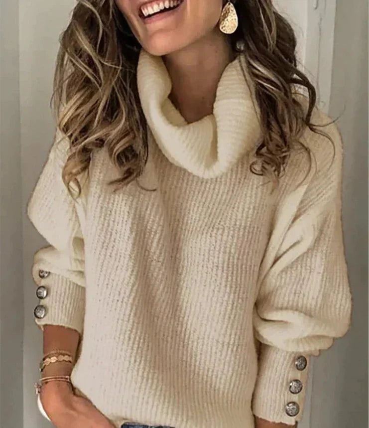 Nina Women's Roll Neck Jumper – Soft Knit Button Sleeve Winter Sweater