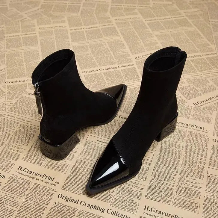 Penelope Women's Suede Ankle Boots – Patent Toe Block Heel Smart Casual Boots