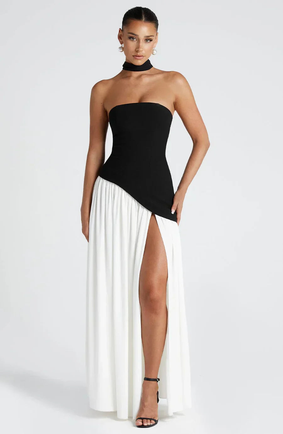Celestine Women's Two-Tone Evening Dress – Strapless Bodice, High Split & Scarf