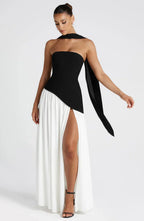 Celestine Women's Two-Tone Evening Dress – Strapless Bodice, High Split & Scarf