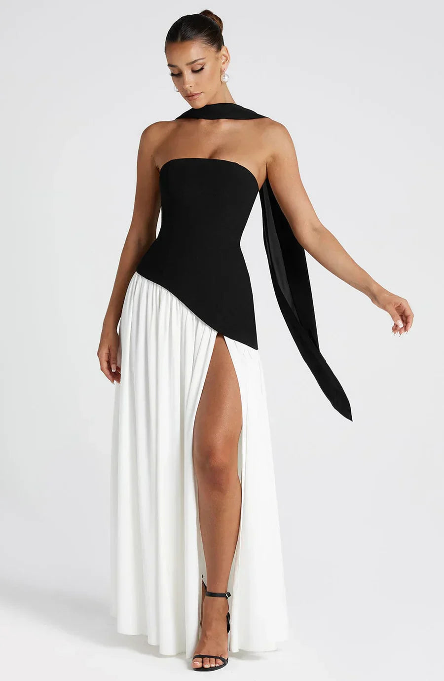 Celestine Women's Two-Tone Evening Dress – Strapless Bodice, High Split & Scarf