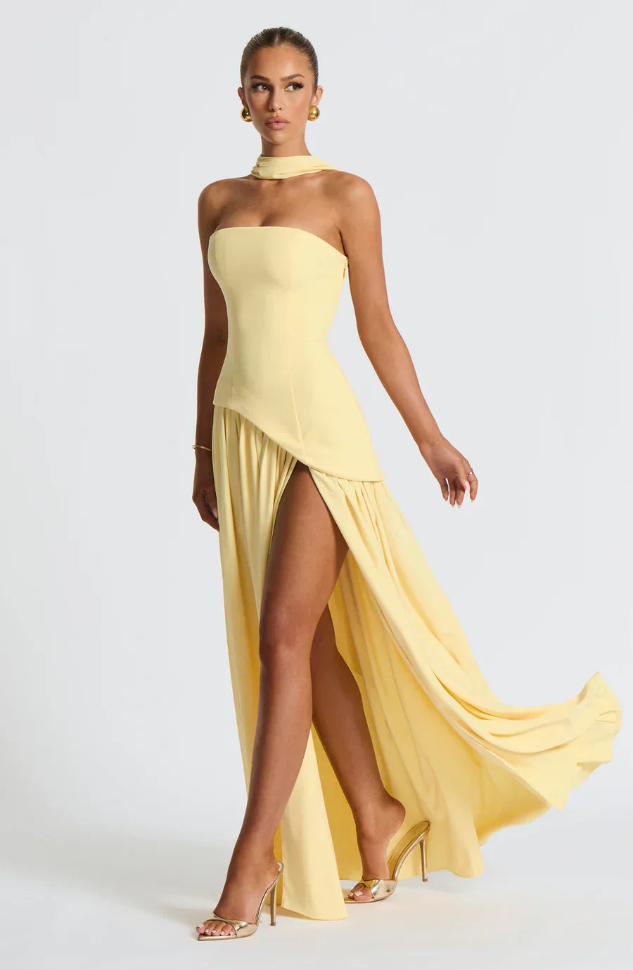 Celestine Women's Two-Tone Evening Dress – Strapless Bodice, High Split & Scarf
