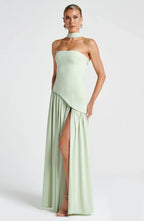Celestine Women's Two-Tone Evening Dress – Strapless Bodice, High Split & Scarf