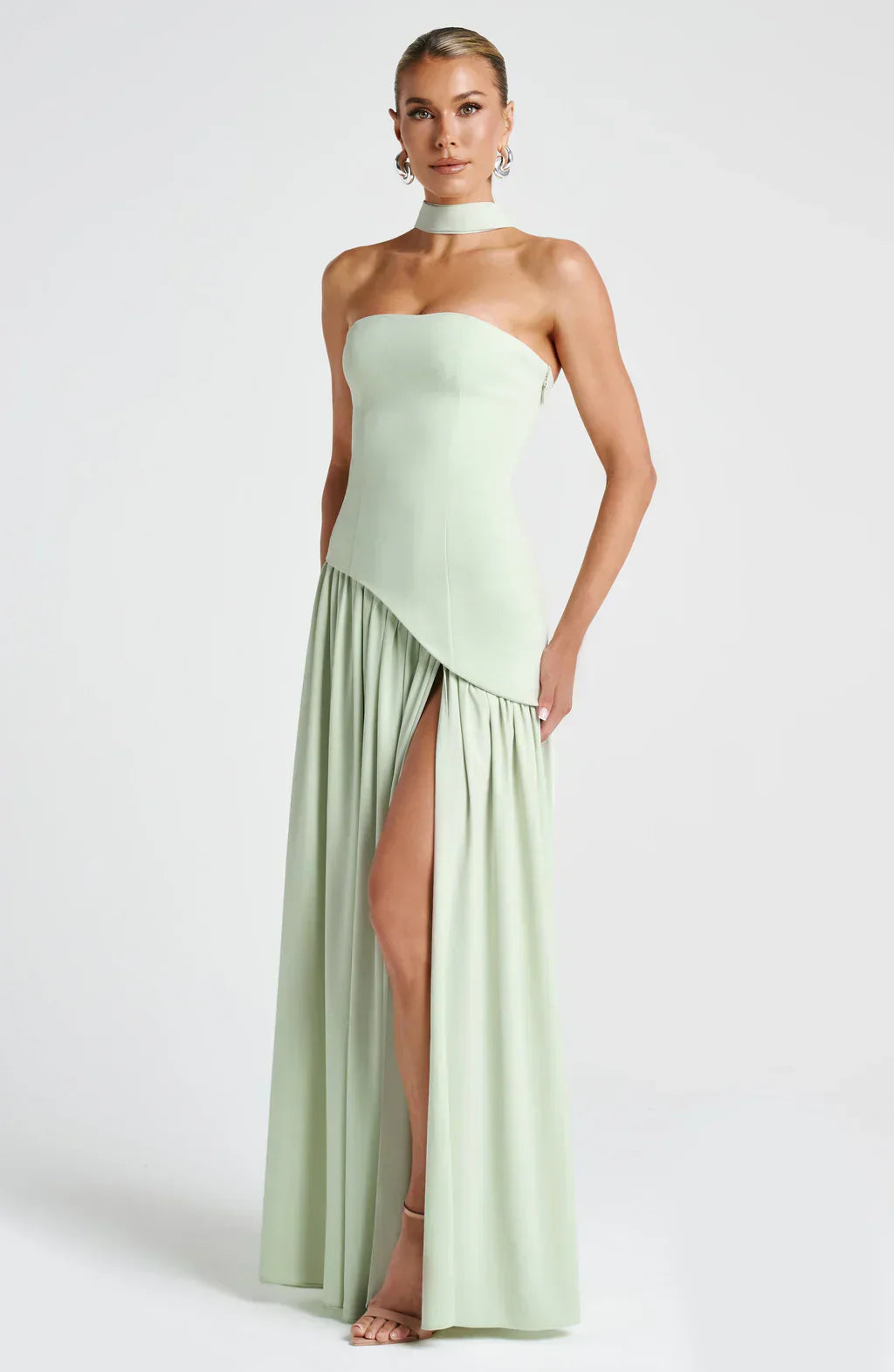 Celestine Women's Two-Tone Evening Dress – Strapless Bodice, High Split & Scarf