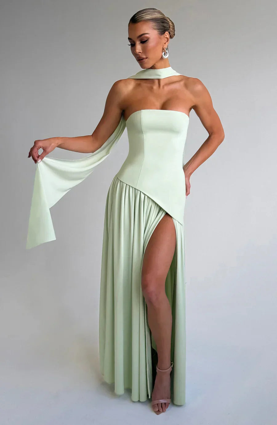 Celestine Women's Two-Tone Evening Dress – Strapless Bodice, High Split & Scarf