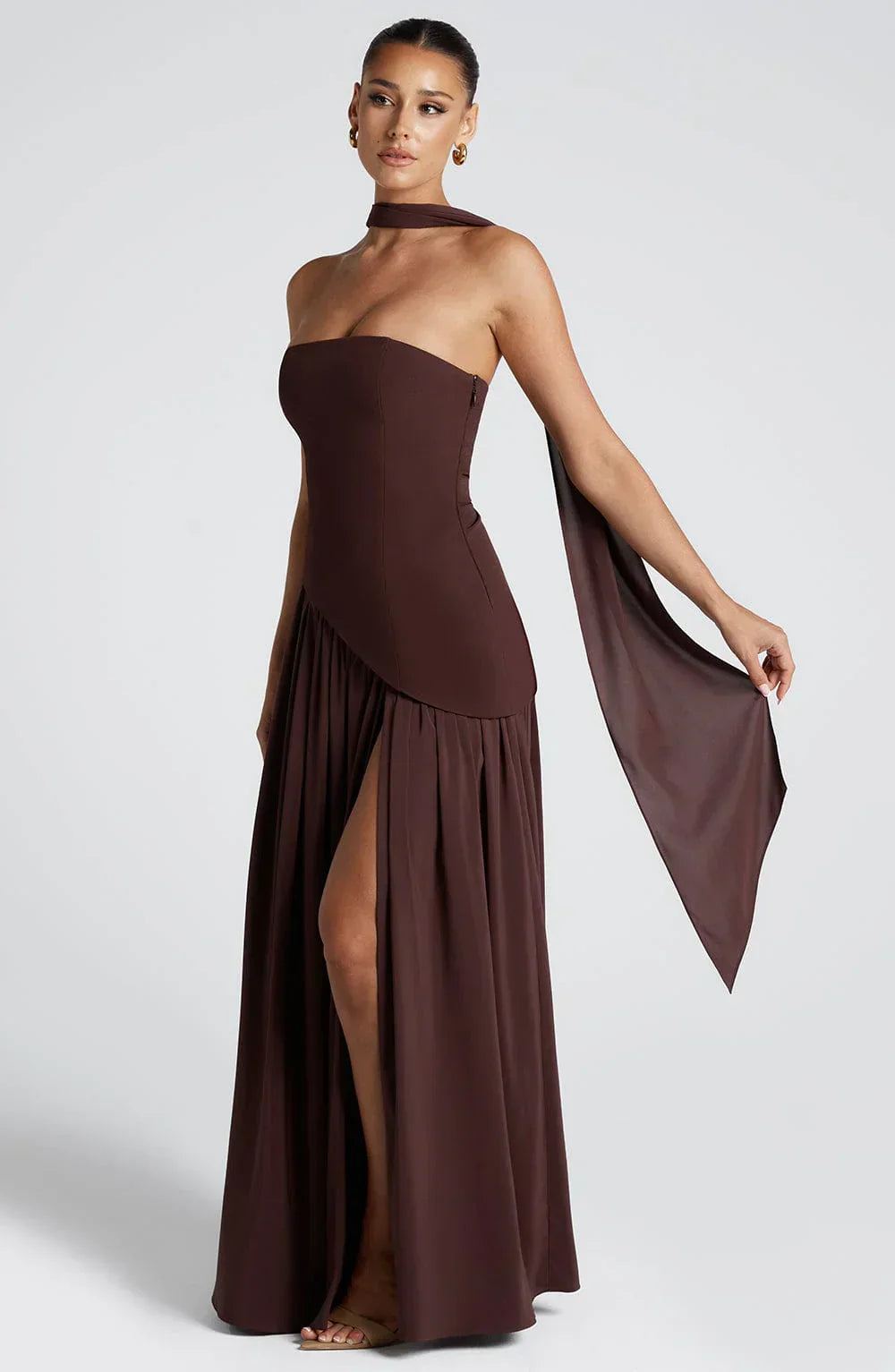 Celestine Women's Two-Tone Evening Dress – Strapless Bodice, High Split & Scarf