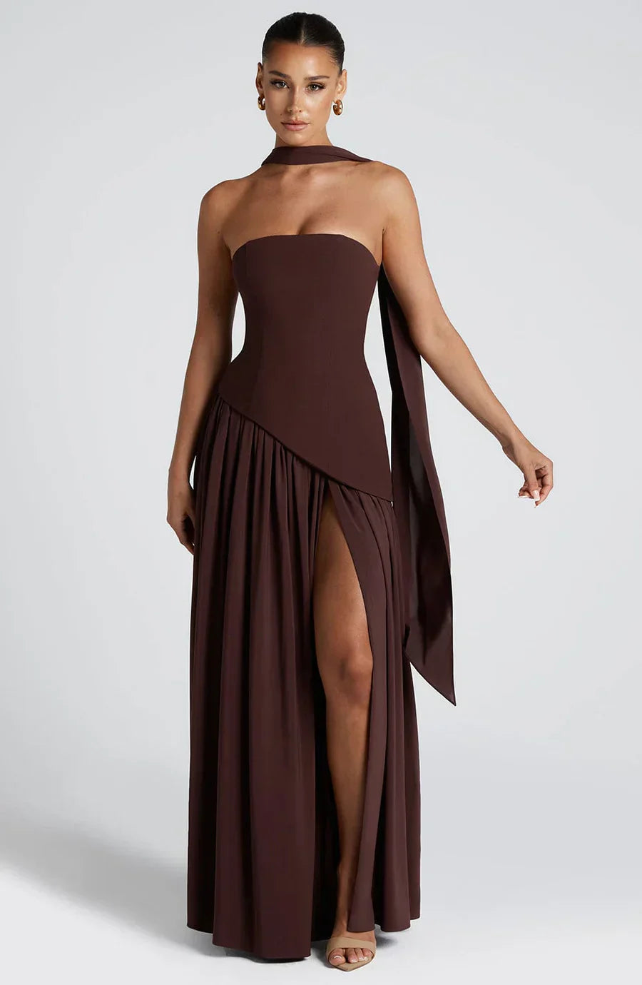 Celestine Women's Two-Tone Evening Dress – Strapless Bodice, High Split & Scarf