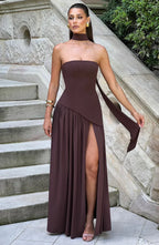 Celestine Women's Two-Tone Evening Dress – Strapless Bodice, High Split & Scarf