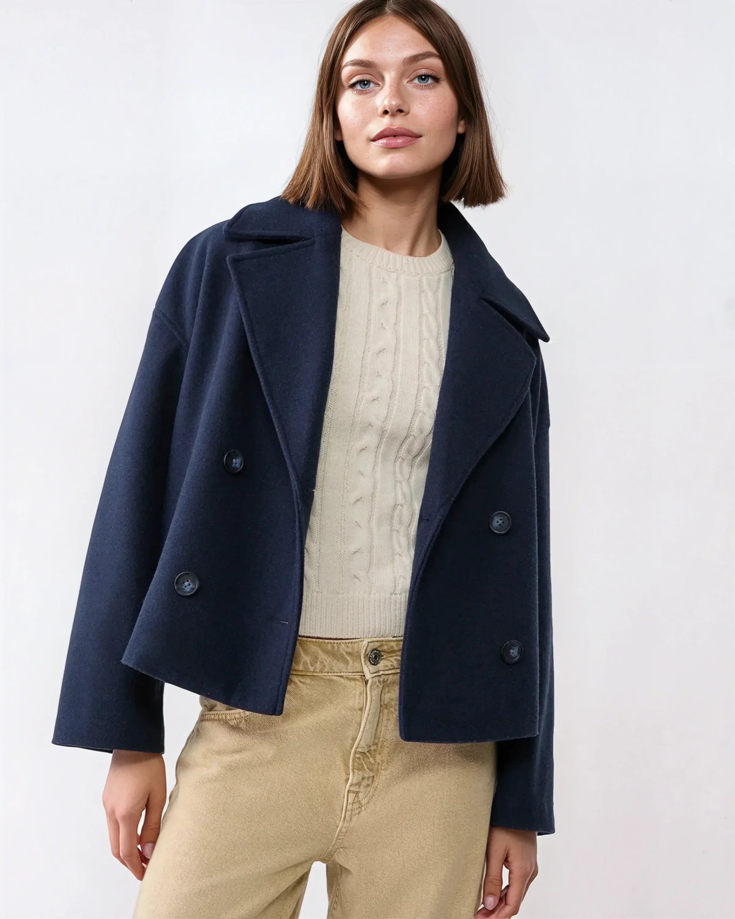 Maudy Women's Cropped Wool-Blend Jacket – Double-Breasted Fit & Wide Lapels