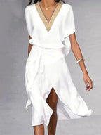 Penelope Women's Midi Dress – White V Neck Elegant Casual Occasion Dress
