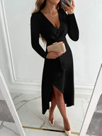 Camille Women's V-Neck Midi Dress – Long Sleeves, Slim Fit & Elegant Style
