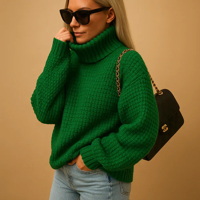 Eloise Women's Roll Neck Jumper – Chunky Knit Relaxed Fit Winter Sweater