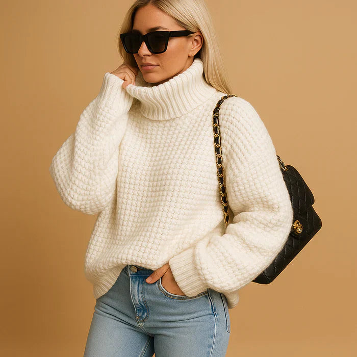 Eloise Women's Roll Neck Jumper – Chunky Knit Relaxed Fit Winter Sweater