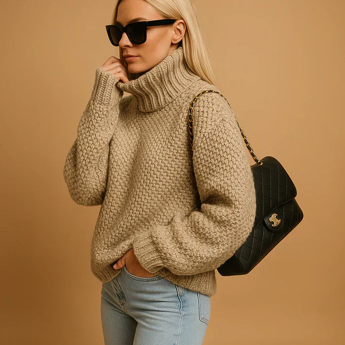 Eloise Women's Roll Neck Jumper – Chunky Knit Relaxed Fit Winter Sweater