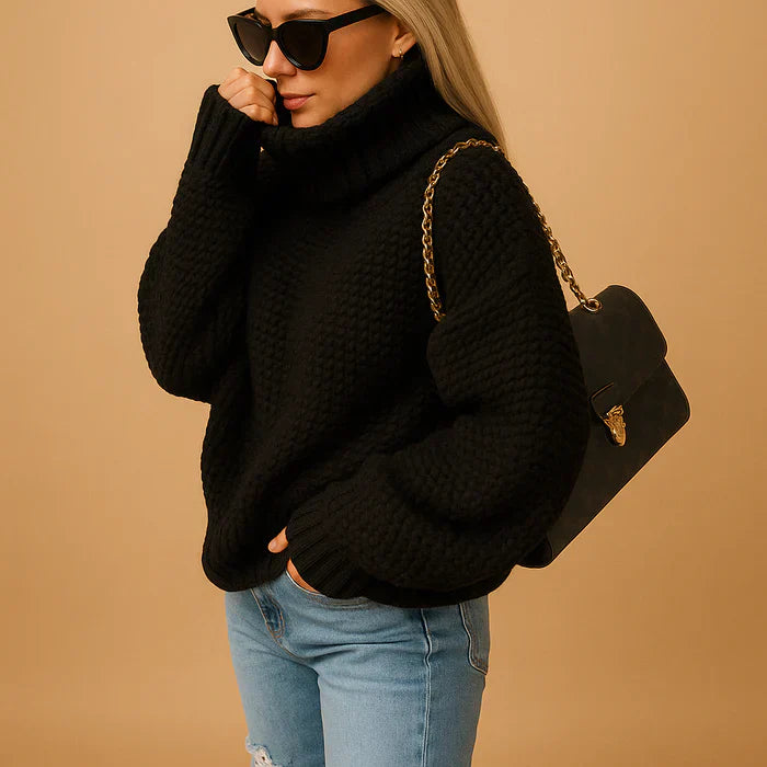Eloise Women's Roll Neck Jumper – Chunky Knit Relaxed Fit Winter Sweater